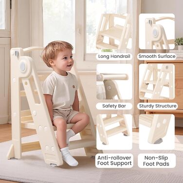 Стілець-сходинка для дітей Hoopyosms: регульована висота, складний, Montessori, для кухні, ванної кімнати та дитячої кімнати, від 1 року (Classic, Бежевий)