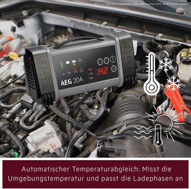 Зарядний пристрій акумуляторів AEG LT 20, 20A для 12/24V авто, 9-ступінчатий, з інтелектуальною функцією заряджання та автоматичним вирівнюванням температури, чорний/сірий