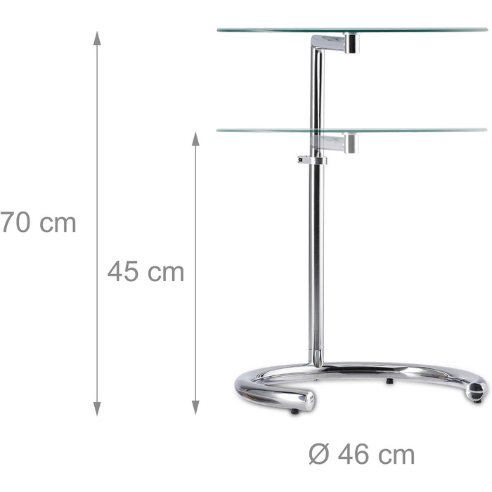 Сріблястий журнальний столик з регулюванням висоти до 70 см, круглий стіл для вітальні, хромована сталь, скляна стільниця Ø 46 см, стандарт