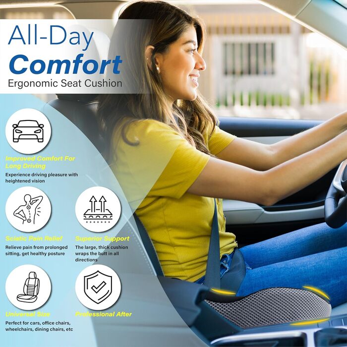 Подушка для сидіння в авто Allaboutsla з Memory Foam для полегшення болю в попереку, велика для коротких водіїв на далеких поїздках - подушка для автомобіля, офісу (чорний & сірий)