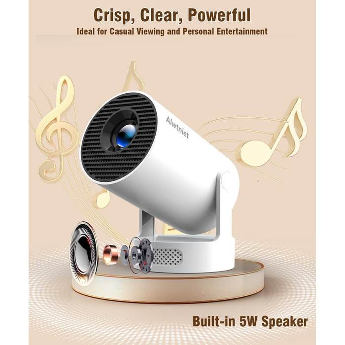 Міні проектор Alwtniet 4K з Wi-Fi 6, Bluetooth 5.4, 5W динаміком, автоматичною корекцією трапецеїдальних спотворень, поворотним на 180°, портативний для дому та вулиці (Android 11)