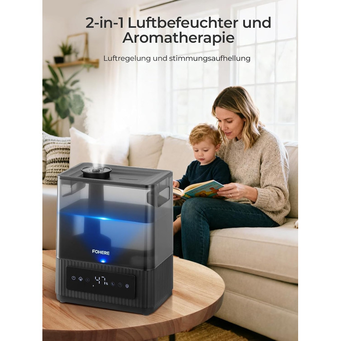 Ультразвуковий зволожувач повітря на 6л для великих кімнат, дитячої та спальні: безшумний холодний випарник з датчиком вологості, аромадифузором та верхнім заповненням, до 60 год роботи