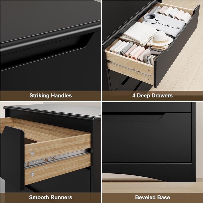 Комод Bealife для спальні: 4 місткі шухляди, витягнуті ручки, захист від перекидання, для вітальні/офісу (чорний)