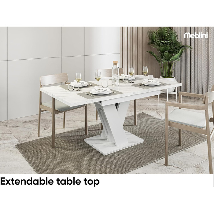 Обідній стіл MebleIni розсувний, сучасний дизайн, кухонний стіл, колона, чорний/білий глянцевий, 120-160x80x75 см, стільниця з білого мармуру/білий матовий