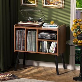Стіл для програвача, стійка для програвача в стилі середини століття з місцем для зберігання вінілу (до 150+ платівок), шафа для вінілових платівок з регульованими полицями, дуб