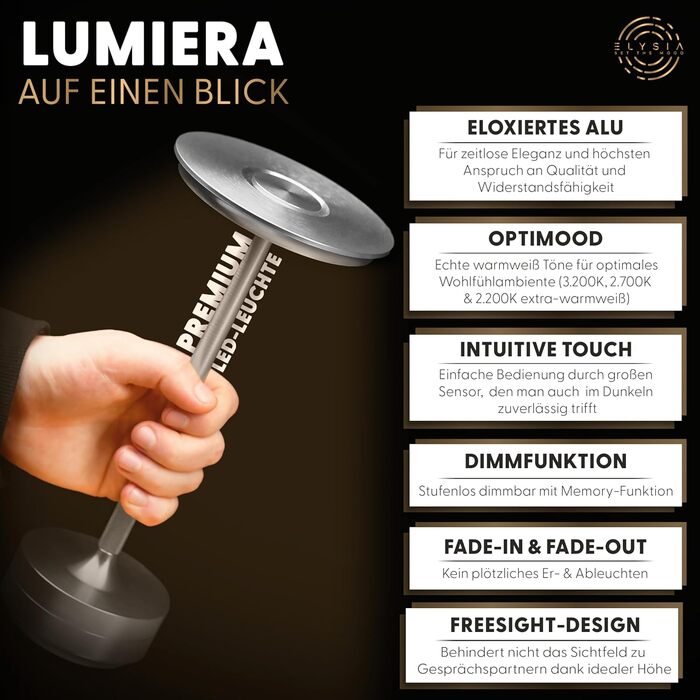 LED-лампа ELYSIA на акумуляторі: диммування, бездротове підключення, сенсорне керування, IP54, 2200-2700K, USB-C, для дому та саду, алюміній, срібло