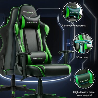Ігрове крісло GTPLAYER офісне крісло Zocker Gamer ергономічне крісло Регульований підлокітник цілісна сталева рама регульований кут нахилу (чорний) (зелений)