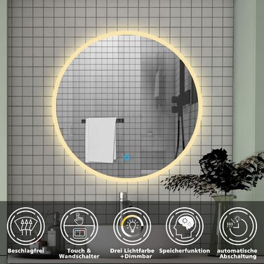 LED дзеркало для ванної кімнати Aica Sanitär, кругле, 50 см, з підсвічуванням (холодне/нейтральне/тепле світло), диммування, функція пам'яті, сенсорне управління, запобігання запотіванню, автоматичне вимкнення