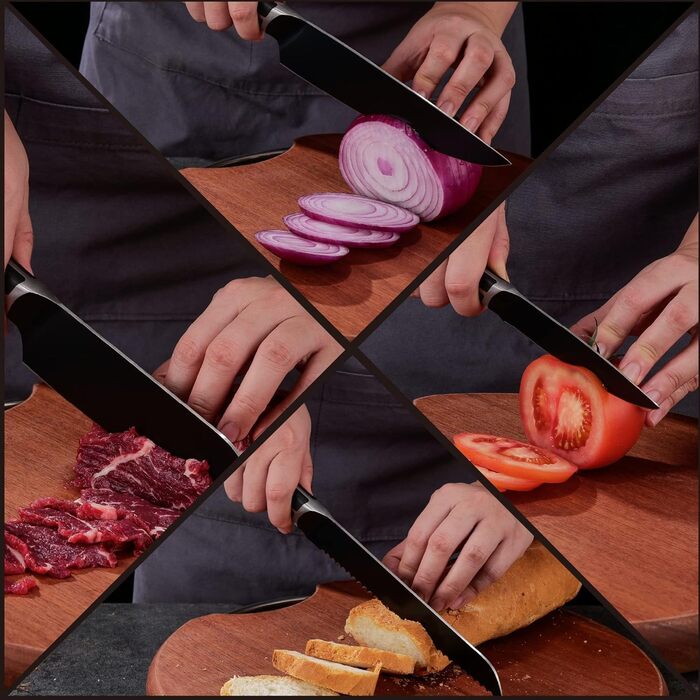 Набір ножів 14 предметів з бруском, кухонний набір ножів з дерев'яним бруском, ножі з німецької сталі X50CrMoV15 (кухонний ніж, сантоку, ніж для стейка, ніж для чищення, ножиці)