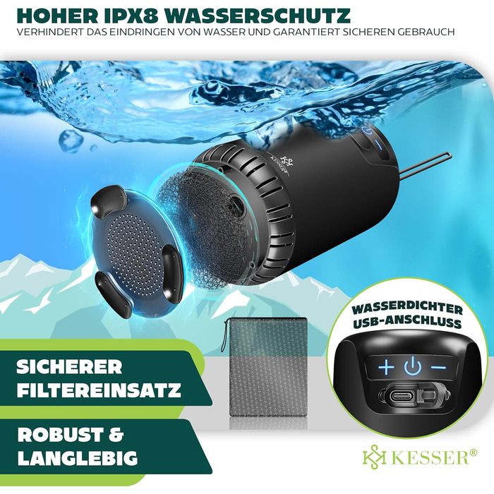 Соняшний душ KESSER® з насосом та акумулятором 8000mAh. Комплект для кемпінгу: регульована лійка, шланг 2м, пістолет-пульверизатор, кріплення. Без бака (Чорний/Чорний)