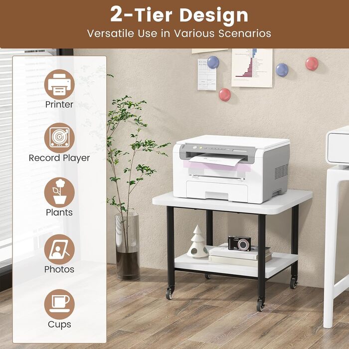 Стіл для принтера HOMASIS з 2 ящиками, стійка для принтера з 4 колесами та 2 гальмами, вантажопідйомність 55 кг, підставка для принтера, офісний візок для дому та офісу (білий+чорний)