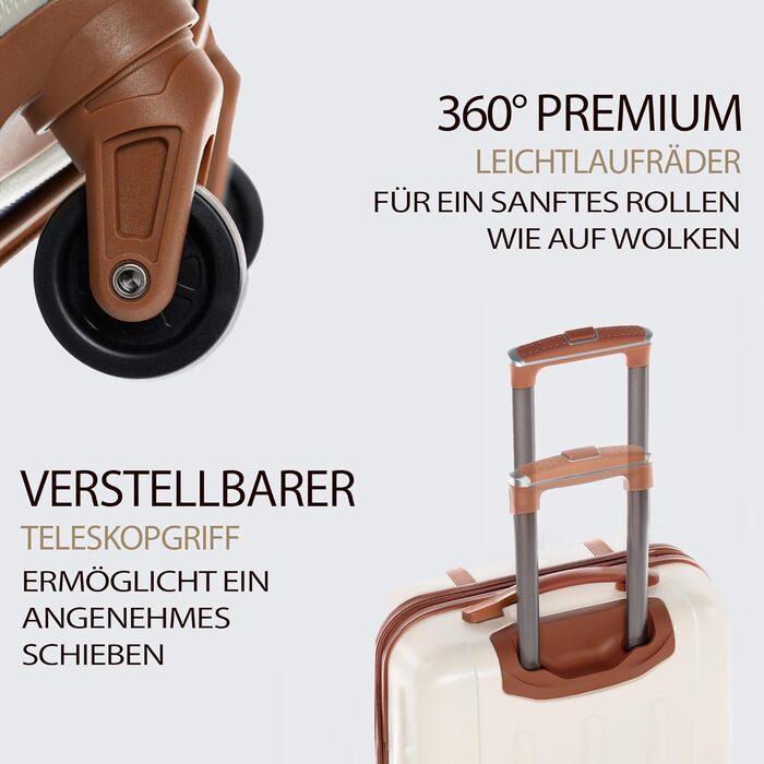 Набір валіз FERGÉ з твердим корпусом (5 шт.) Milano: 3 розміри + сумка для подорожей + органайзер для туалетних речей - 3 шт. Чотирьохколісні валізи, легкі, чорні (великий кофр 65 см, бежево-коричневий)