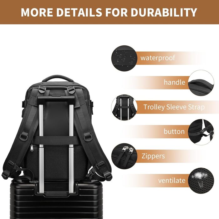 KONO Рюкзак для ручної поклажі 42x30x20, рюкзак для ноутбука 25L, Outdoor, для подорожей, спорту, Weekender з відділенням для взуття, чорний