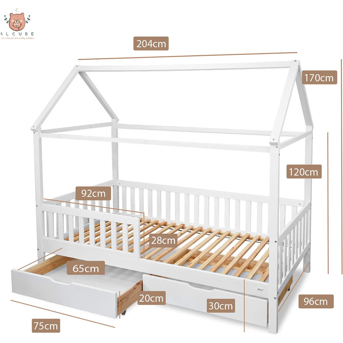 Ліжко Alcube House HYGGI 90x200 см з шухлядою - універсальне дитяче ліжко з масиву дерева із захистом від падіння та рейковою основою 90х200 см Білий - з висувними ящиками