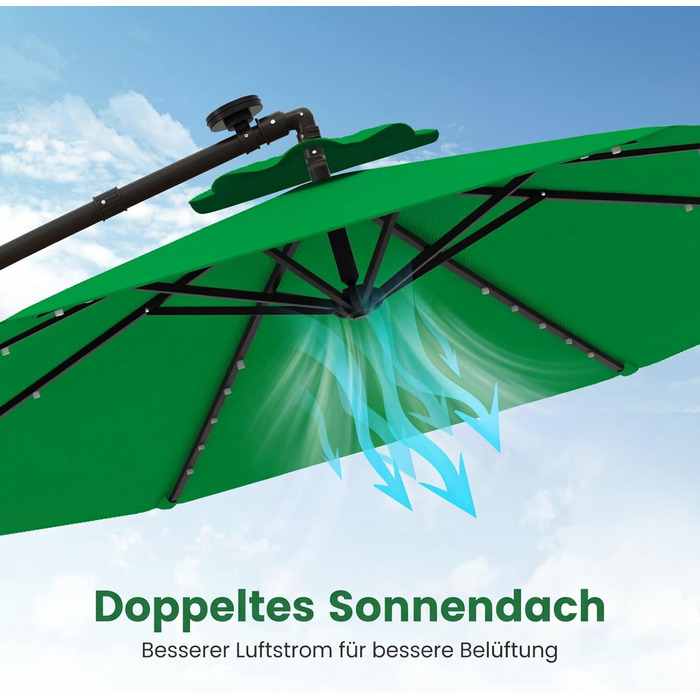 Садова парасолька COSTWAY 300 см з підставкою та LED-підсвіткою, підвісна парасолька-амбрела з ручкою, захист від UV, для тераси, басейну та двору, бежевий/зелений