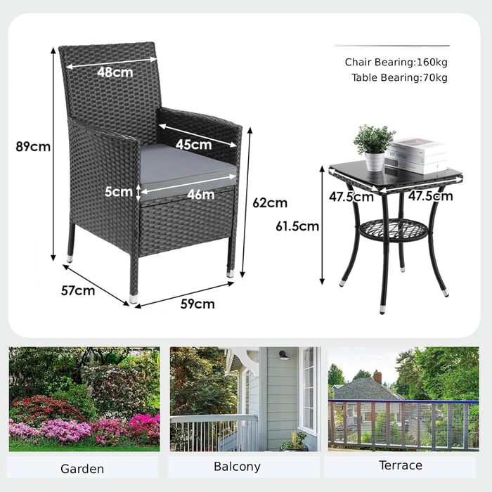 Набір меблів для балкона LIFERUN 3 шт. з ротангу, подушками та склом, чорний