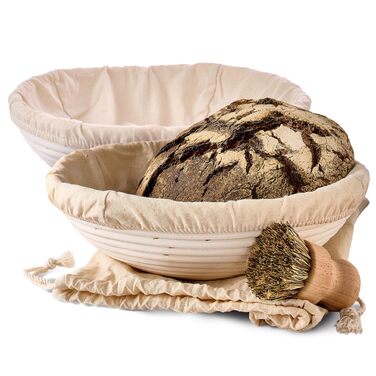 Набір для хліба Praknu: 2 кошики з ротангу, щітка, тканинна вставка та мішечок для хліба (2x30 см)
