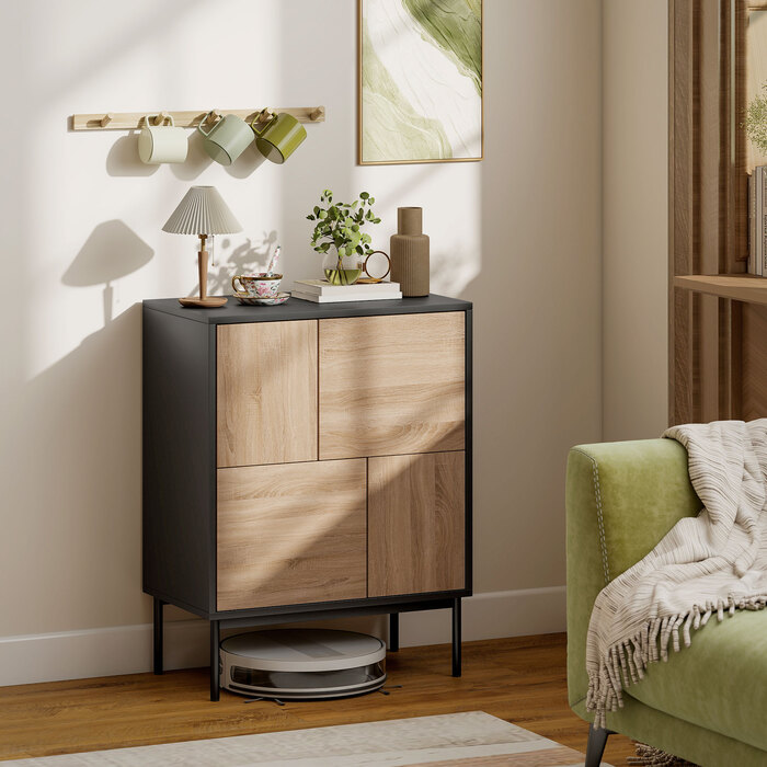 Тумба під ТВ з механізмом Push-to-Open, шафа для їдальні з металевими ніжками, кухонна шафа, МДФ, Чорний + Натуральне дерево