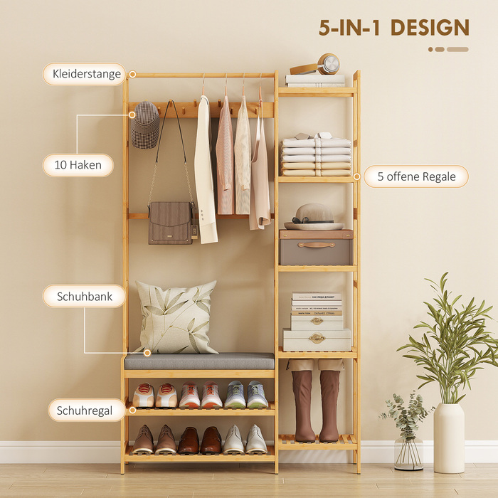 Етажерка для одягу з полицею для взуття, гачками для одягу, вішалкою для пальто, лавкою з подушкою – ідеальне рішення для передпокою або вхідної зони. Виготовлена з натурального дерева.