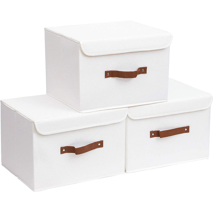 Коробка для зберігання Yawinhe з 3 предметів з кришкою, складна кошик для зберігання одягу з лляної тканини для рушників, книг, іграшок, одягу (45x30x30 см, білого кольору)