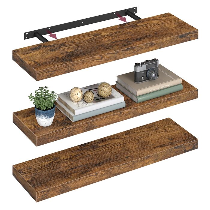 Настінна полиця VASAGLE, 3 шт. у наборі, вінтажний колір, 20 x 80 x 3,8 см, для фотографій, декору, вітальні, кабінету, кухні