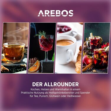 Електричний глінтвейновий котел Arebos 950 Вт | Глінтвейновий диспенсер | 8,8 л | з піддоном, краном, термостатом та захистом від перегріву | Регулювання температури 30-110°C | Чорний