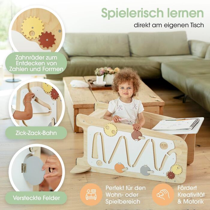 Дитячий навчальний столик-лесенка EXPLORER Kids® 5-в-1 | Монтессорі | Регульована висота, захист від перекидання | Розвиває моторику, вивчення чисел та форм | Дерев'яний, білий та салатовий | Від 1 року