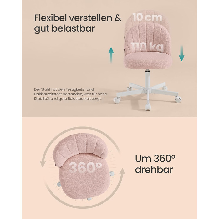 Крісло SONGMICS для дому та офісу, пухнастий стільчик для макіяжу, регульоване по висоті, з м'якою оббивкою, для робочого кабінету, спальні, гардеробної, кремово-білий (пастельно-рожевий)