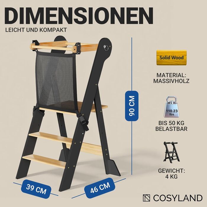 COSYLAND Монтессорі навчальний столик-сходинка для дітей від 1 року, регульована висота, складаний | Навчальний столик-сходинка для кухні | Темно-сірий-натуральний | COSYLAND