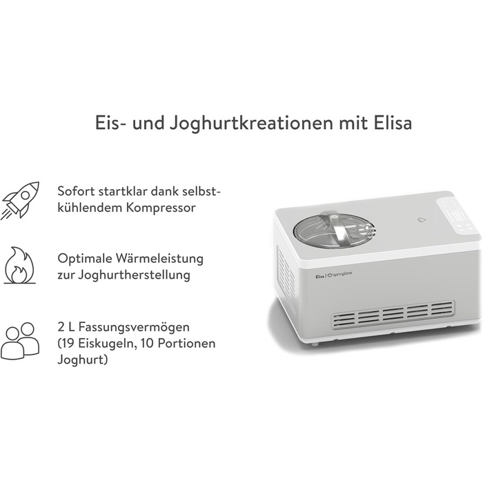 Морозивниця та йогуртниця SPRINGLANE Elisa 2,0 л з компресором, 220 Вт, нержавіюча сталь, функції охолодження і нагріву, рецептник, 4 контейнери по 400 мл, срібляста