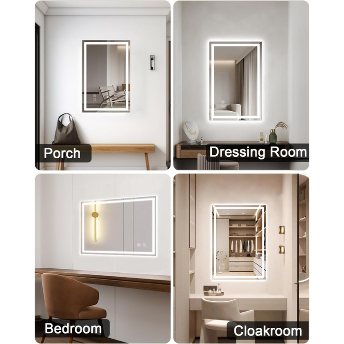 Дзеркало для ванної кімнати Habison з підсвічуванням LED, 50x70 см, сенсорне керування, регулювання яскравості, 3 колірні температури, функція пам'яті, антизапар, без Bluetooth