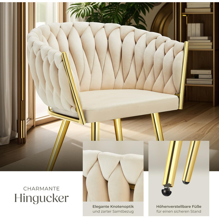 Тектейк® Оксамитовий стілець-чаша з підлокітниками, сучасний крісло-стілець для вітальні, їдальні, кухні, туалетного столика, комплект з 4 шт. Sand/Gold