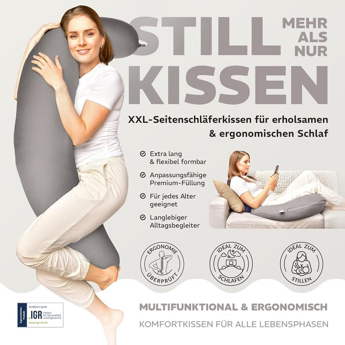 Подушка для годування та вагітності sei Design XXL (190x35 см), ергономічна подушка для сну з чохлом з органічної бавовни муслін, сріблясто-сіра