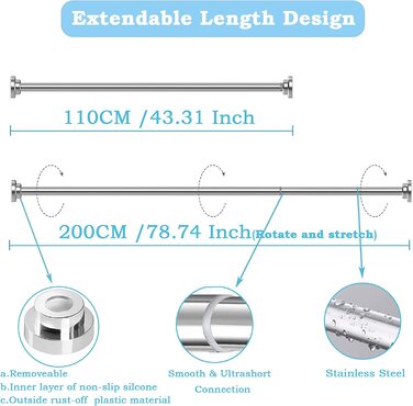 Стрижень для душу з нержавіючої сталі, , без свердління, для завіси для душу, висувний стрижень, для душу, ванни, вікна ванної кімнати, 70-120 см, новий дизайн (чисте срібло, 110-200 см (2 шт., 22 мм)