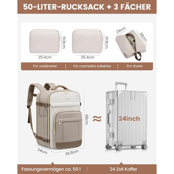 LOVEVOOK Рюкзак для ручної поклажі, 40L, великий рюкзак для жінок, водонепроникний, для ноутбука 17 дюймів, рюкзак-валіза для подорожей, роботи, бізнесу, вихідних, оливковий, світло-зелений, бежевий, оливковий (Хакі, бежевий, пісочно-коричневий)