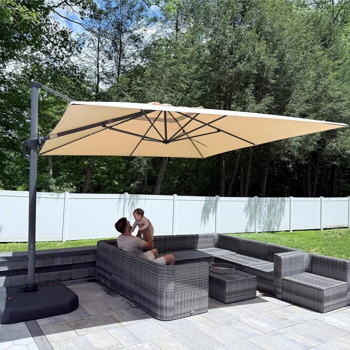 Парасолька від сонця PURPLE LEAF 350x350 см, велика садова парасолька-амбрела з рукою-користувачем, поворотом на 360° та хрестовиною, бежева, для тераси та балкона