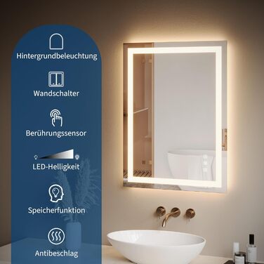 Дзеркало для ванної кімнати Porto Alegre з підсвічуванням, 60x80 см, протизапітніння, 3 кольори світла, регулювання яскравості, LED, сенсорне керування, прямокутне