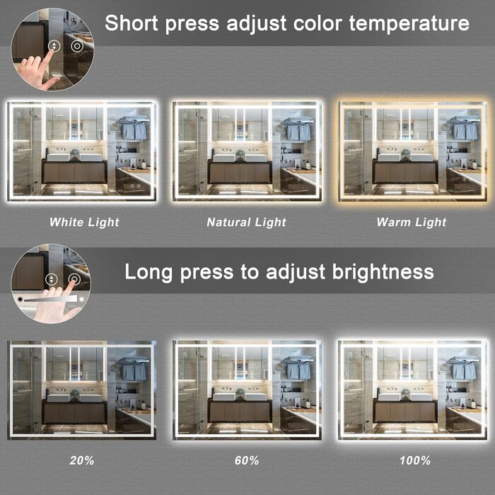 Дзеркало для ванної кімнати з LED-підсвічуванням Dripex 50x70 см, Touch-перемикач, антизапар, холодне біле світло 6400K, енергозберігаюче