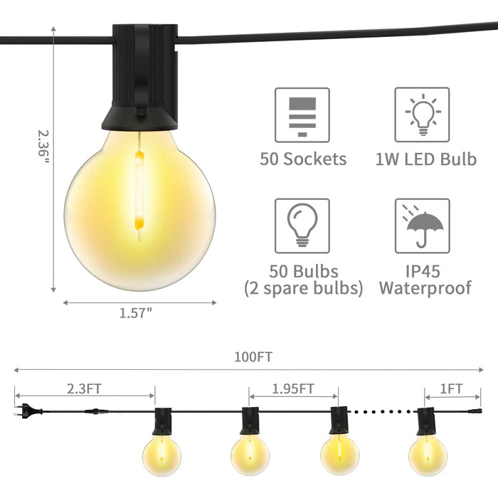 Підвісні гірлянди для дому, 7,6 м 23 світлодіодні скляні лампи G40, садові гірлянди для патіо, водонепроникне ретро-освітлення IP44 для дому/вулиці, гірлянди для вечірок, весілля, Різдва (30 м пластикові лампочки 50-х років)