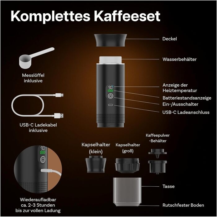 Портативна кавомашина MMOBIEL: електрична еспресо-машина з підігрівом, USB-C, для кави в зернах та капсул – ідеальна для подорожей, кемпінгу, дому, офісу, авто (чорний)