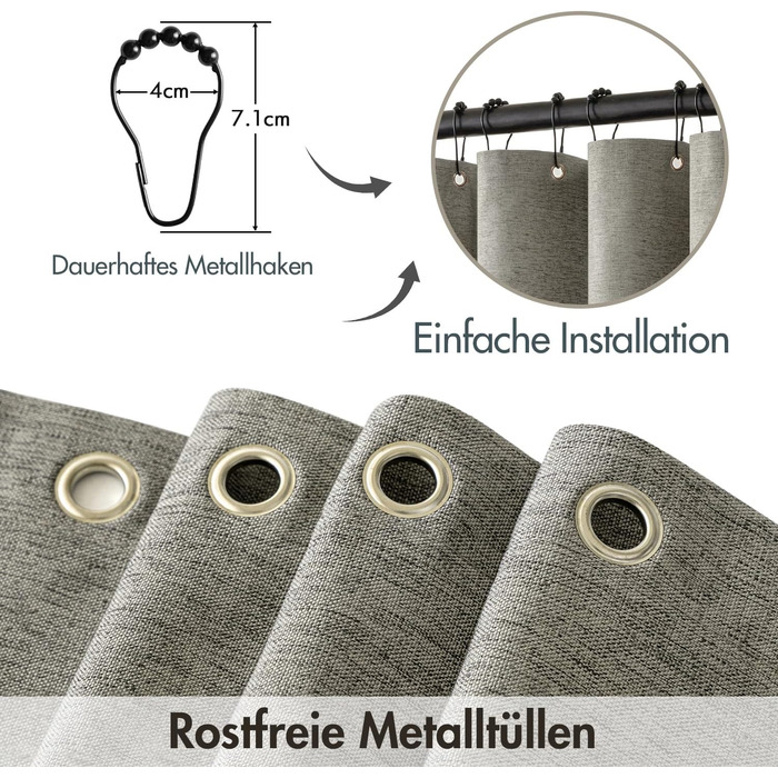 Шторка для душу MIULEE 120x200 см, льонова текстура, з чорною окантовкою, готельний стиль, водонепроникна, антигрибкова, тканинна, з 8-ма кільцями, сіра