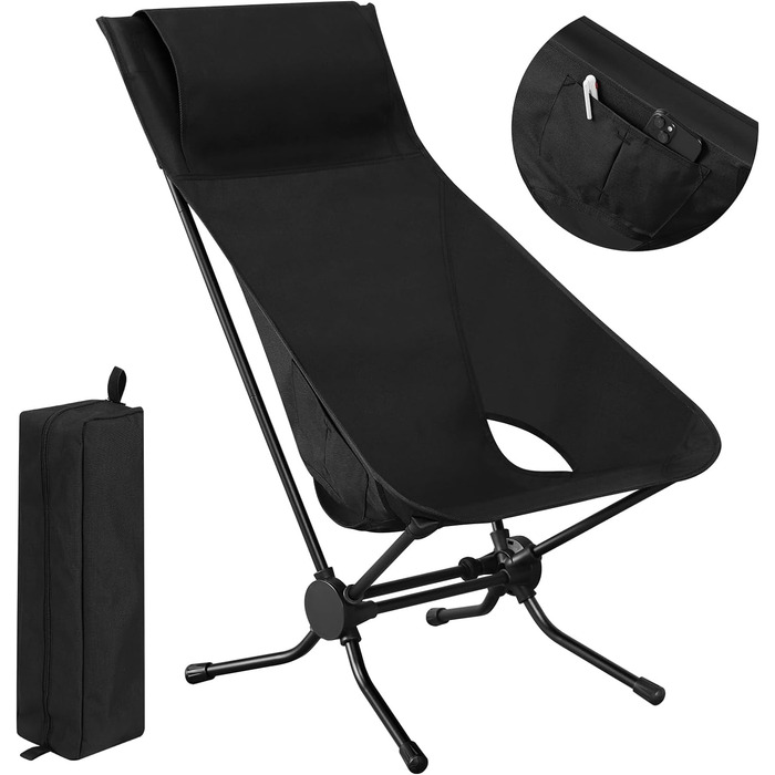 Крісло для кемпінгу WOLTU складне, складне крісло Крісло для риболовлі Крісло для кемпінгу, надлегке складне, зі спинкою Сумка для перенесення Бічні кишені, 150 кг з можливістю завантаження, оксфордська тканина алюміній, CPS8157gn (чорний)