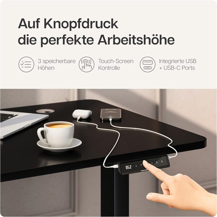 Електричний регульований стіл Desktronic - білий/чорний, з сенсорним керуванням та подвійним мотором