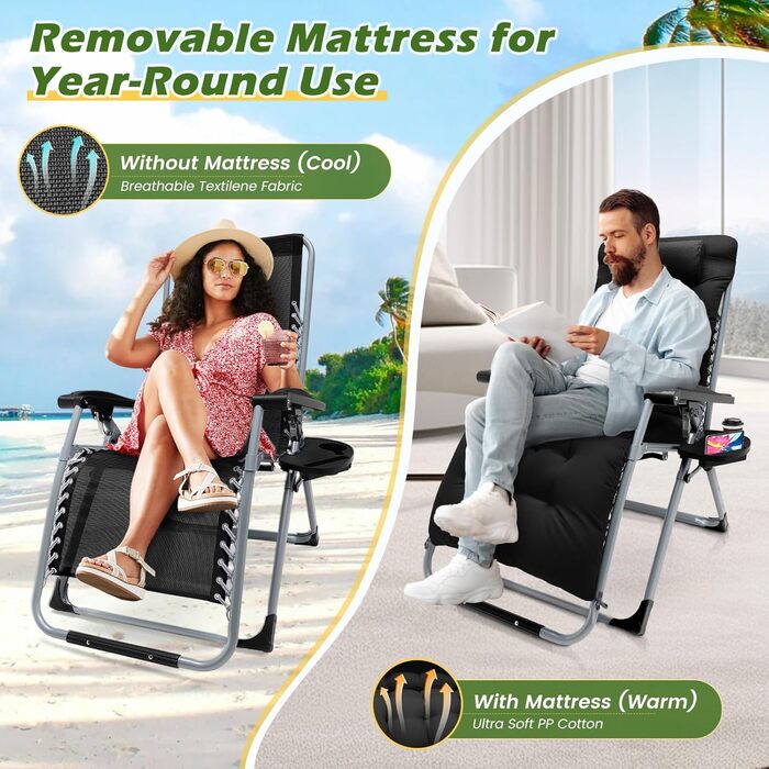 Розкладне шезлонґ для саду та басейну, широке крісло для відпочинку 72 см, з подушкою, чорний, витримує до 200 кг