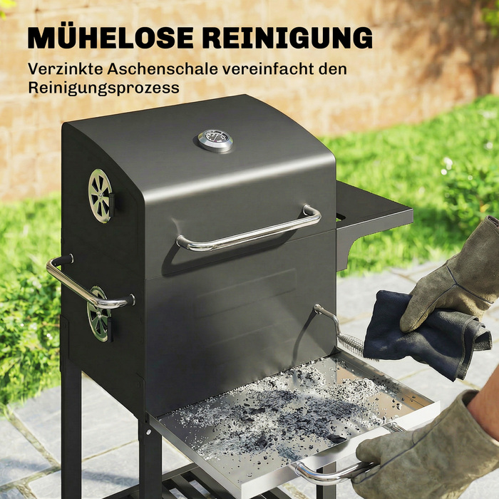 Компактний вугільний гриль-візок з кришкою, термометром, решіткою для грилю, бічним столиком, попільником та вентиляційними отворами