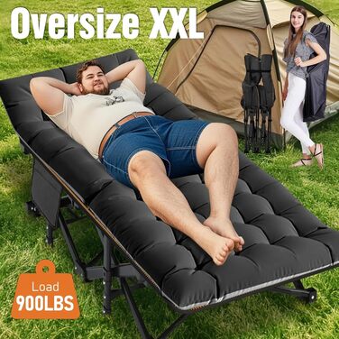 Розкладне кемпінгове ліжко з матрацом та кишенями, сталевий каркас, Oxford, витримує до 200 кг, 190x71x36 см, чорне