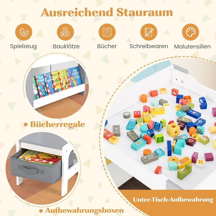 Дитячий стіл з 2 стільцями COSTWAY: дерев'яний набір 4 в 1 з регульованою стільницею, полицями та ящиками для зберігання, для дітей від 3 років (сірий)