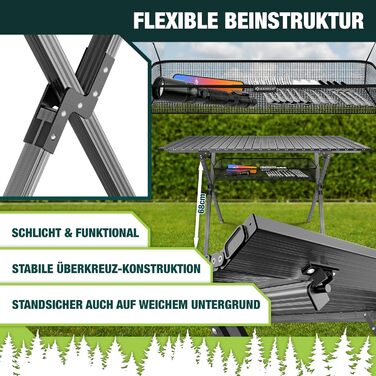 Складаний столик KESSER® для кемпінгу з алюмінієвим каркасом, регульована висота 90x53 см, до 100 кг, з сумкою та сітчастою кишенею (145x70 см, антрацит)
