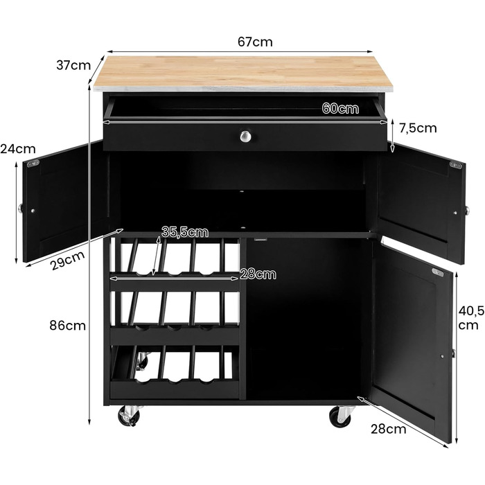 Кухонний візок COSTWAY на колесах, сервірувальний візок з ящиками, 3-ярусна вішалка для вина та стільниця (чорний)