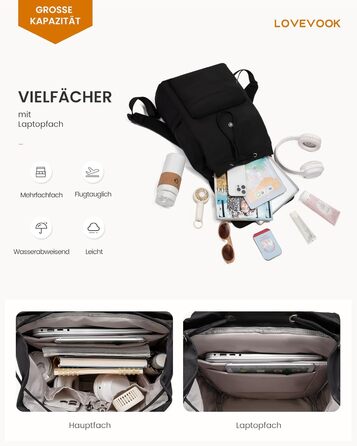 Сумка-рюкзак LOVEVOOK для жінок, легкий шкільний рюкзак для підлітків з відділенням для ноутбука 15.6 дюймів, чорний M-15,6